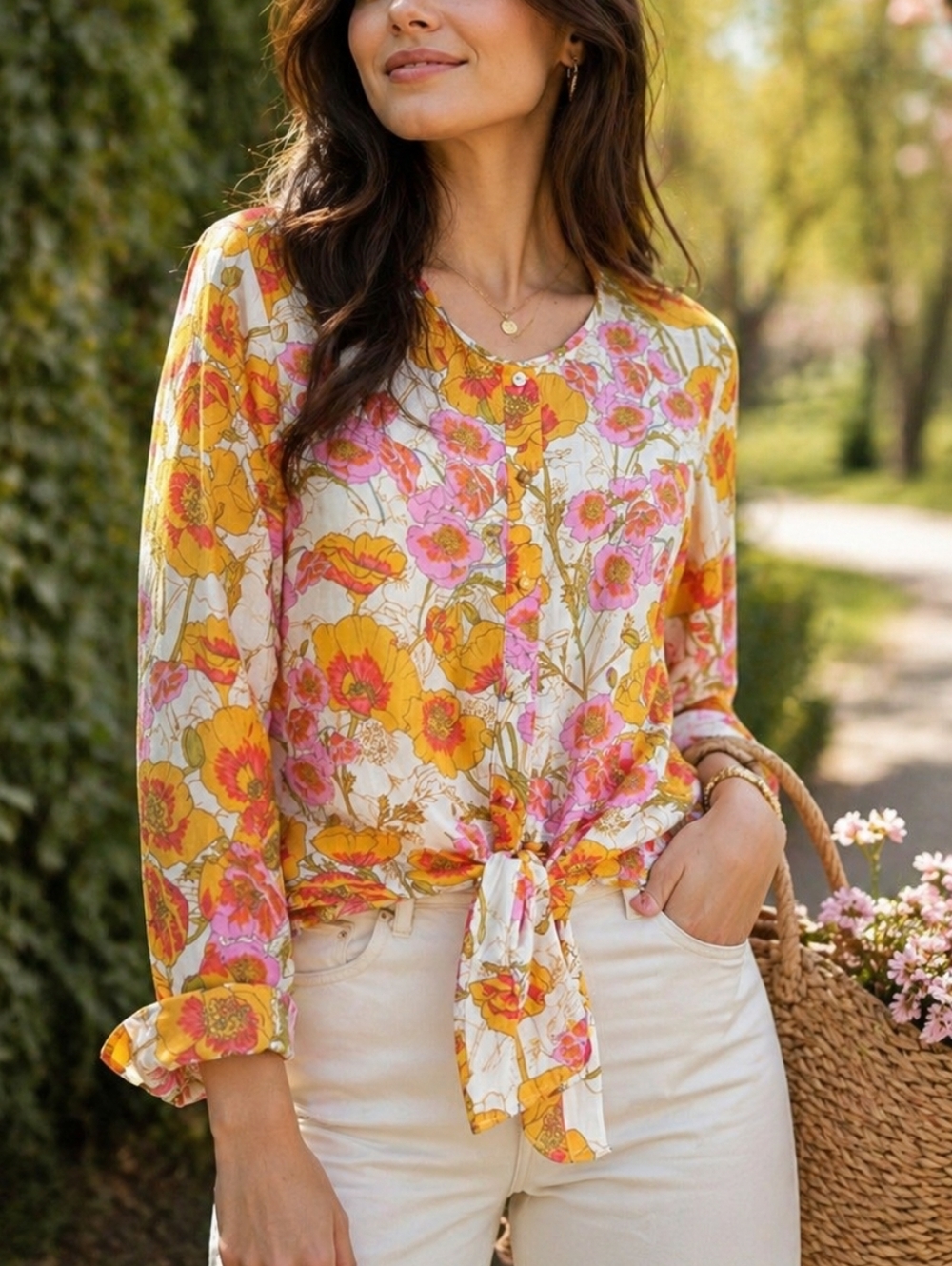 Rose & Olive Vibrant Floral Tie Front Blouse Boho Cottagecore Long Sleeve Top